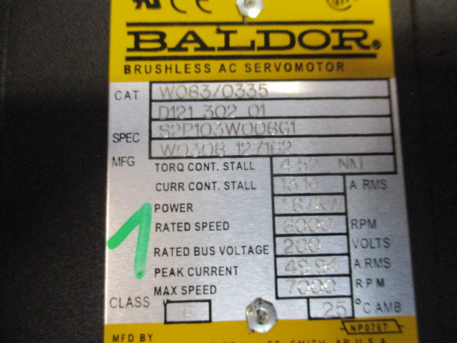 Baldor W083/0335 D121 302 01 Brushless AC Servomotor