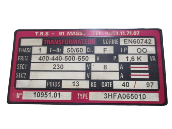 TRS Massy Type 3HFA065010 Norm EN60742 N° 10951.01 TRS - 91 Massy