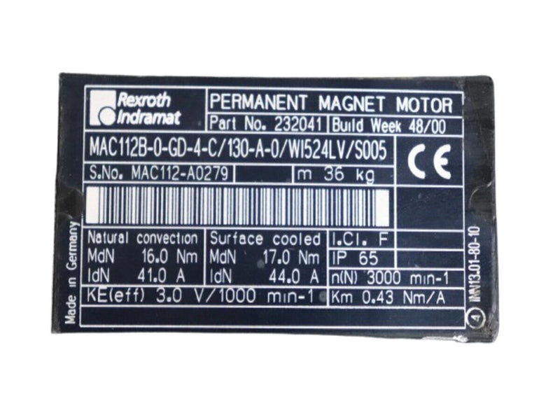 Indramat MAC112B-0-GD-4-C/130-A-0/WI524LV/S005 Permanentmagnet / Drehmomentservomotor